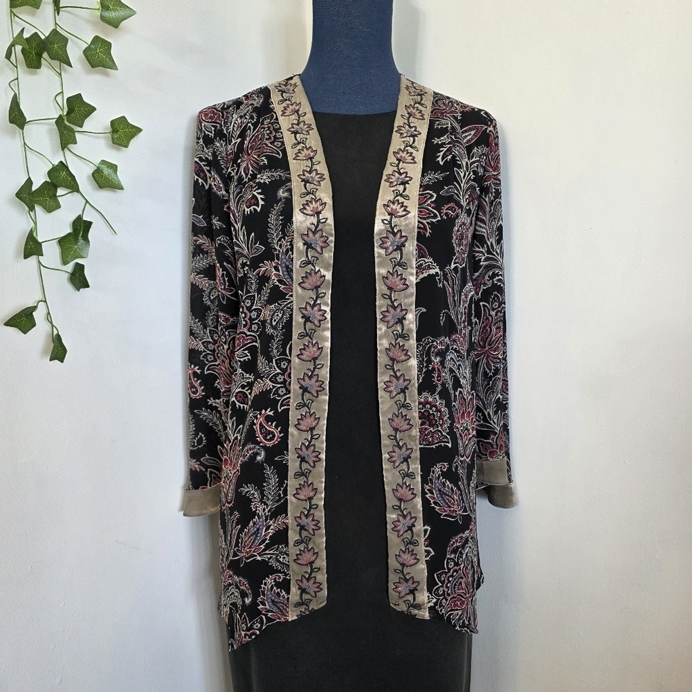 Belle by Kim Gravel Printed Sheer Chiffon Cardigan with Embroidery